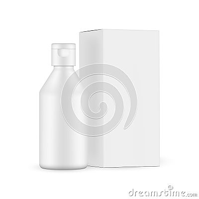Cosmetic Bottle with Flip Top Cap for Soap or Antiseptic, Paper Box Side View Vector Illustration